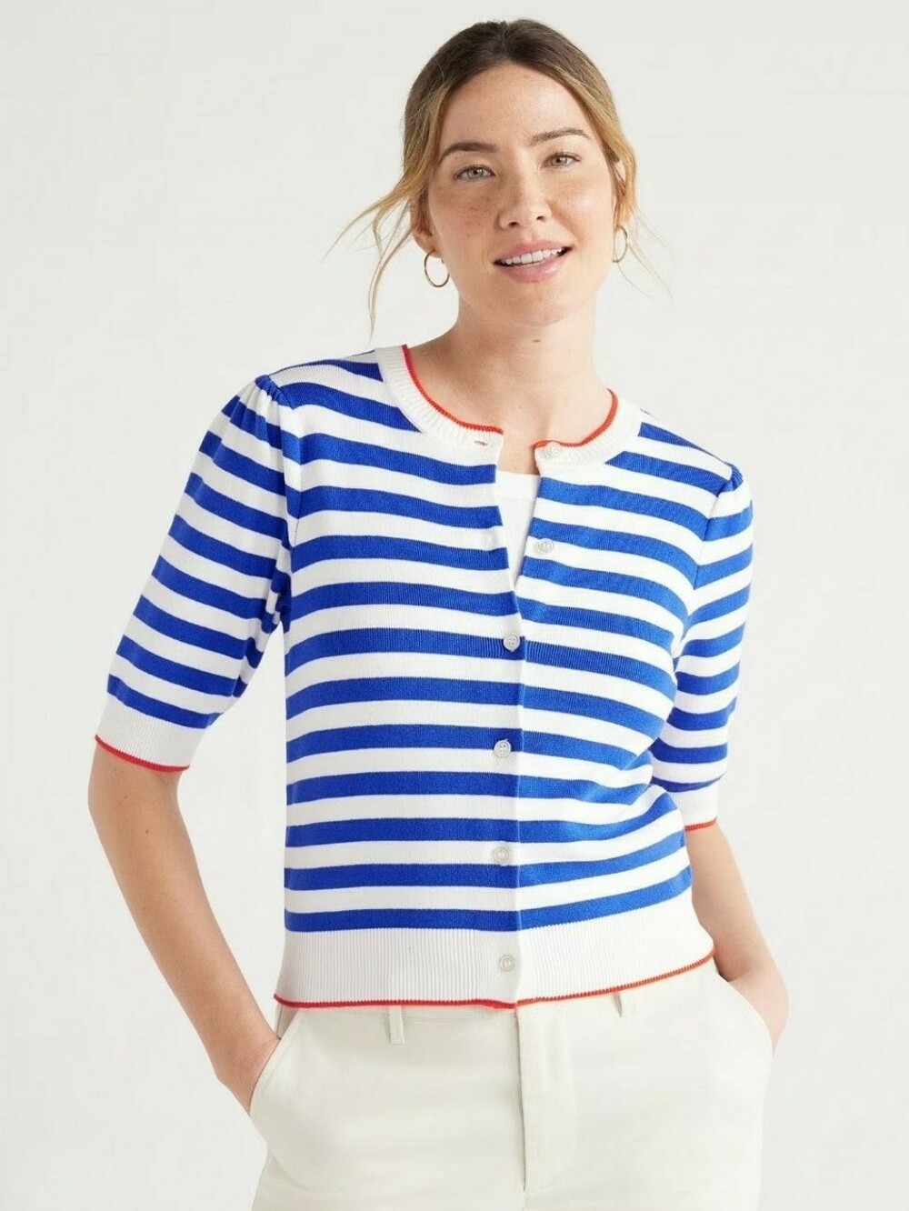Free Assembly Women's Blue and White Striped Women's Button Cardigan Size L